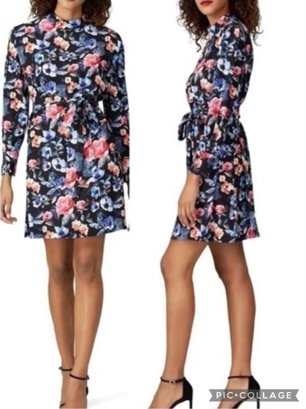 Rebecca Minkoff Trudy Black Pink Floral High Neck Long Sleeve Mini Dress XS